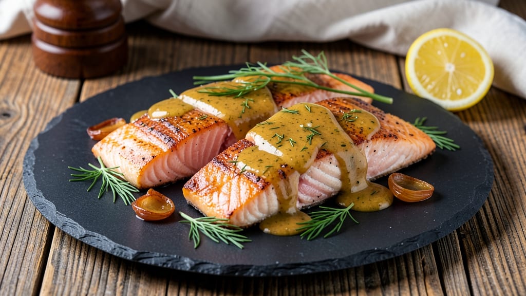 Baked Salmon With Mustard Dill Sauce Recipe: Crispy Skin, Herby Tangy Glaze