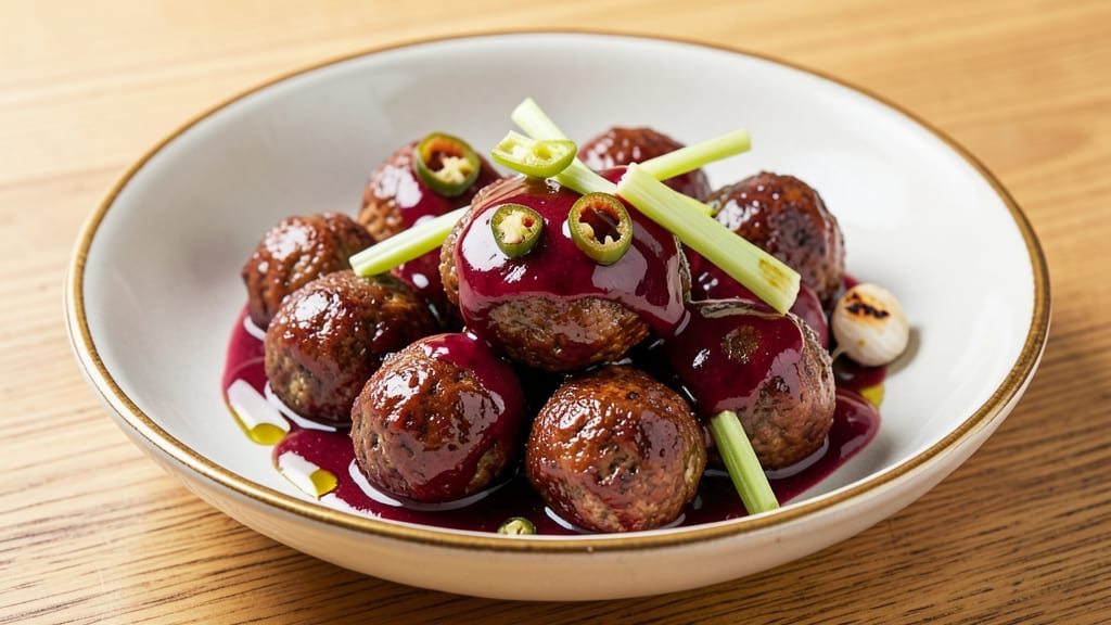 Amylu Cranberry Jalapeno Meatballs Sauce Recipe: Sweet Heat Swirl With Crunchy Celery Topping