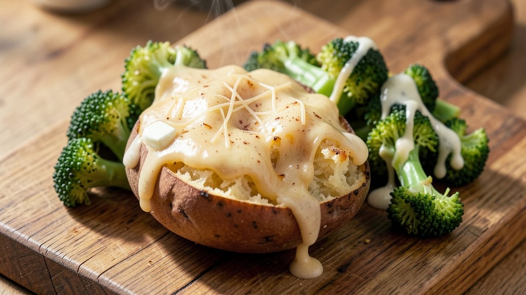 Baked Potato with Broccoli and Cheese Sauce Recipe: Crispy Top, Loaded With Gooey Cheese